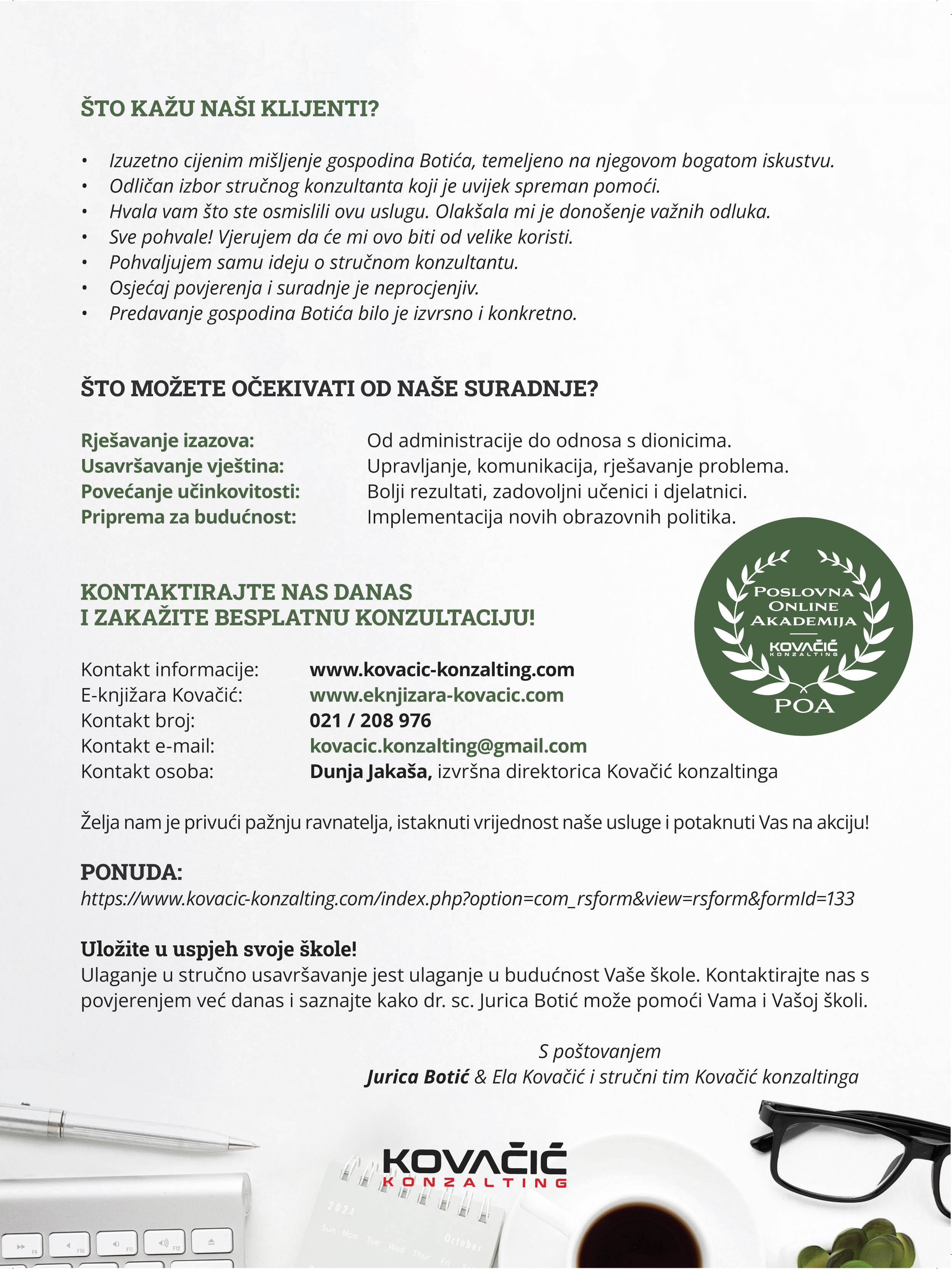 Kovačić Konzalting 2024 Posebna usluga stručni konzultant za ravnatelje Botić TISAK 2